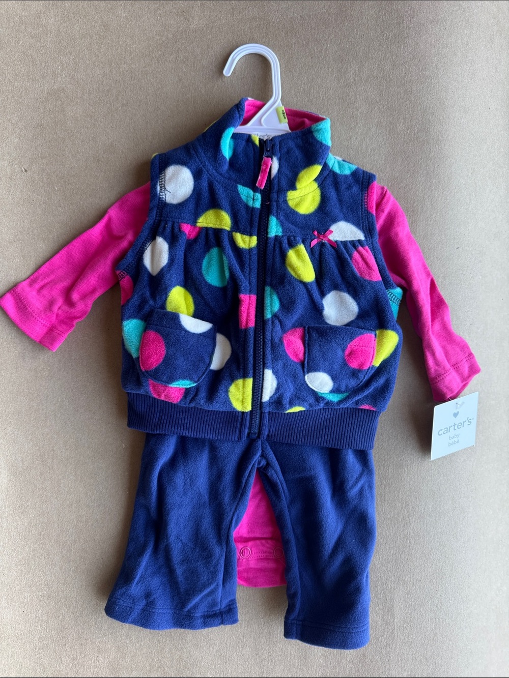 NWT 3pcs 3months Carter's Navy Fleece Polka Dot Vest Set with Pink Sleeves